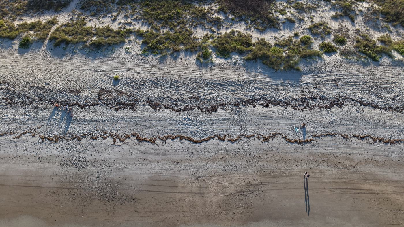 Cocoa Beach sand, seaweed lines, and long shadows from above
